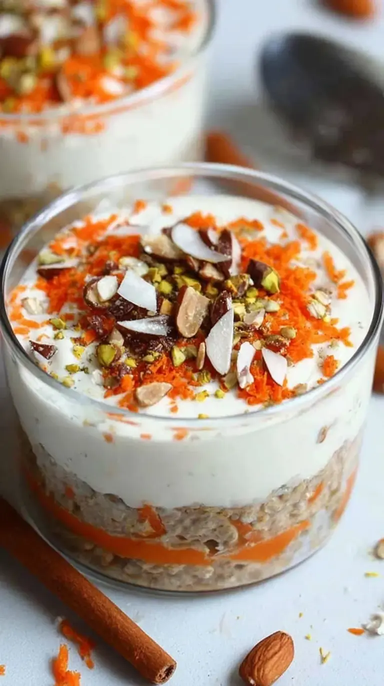 A glass jar filled with creamy carrot cake overnight oats topped with walnuts and raisins.
