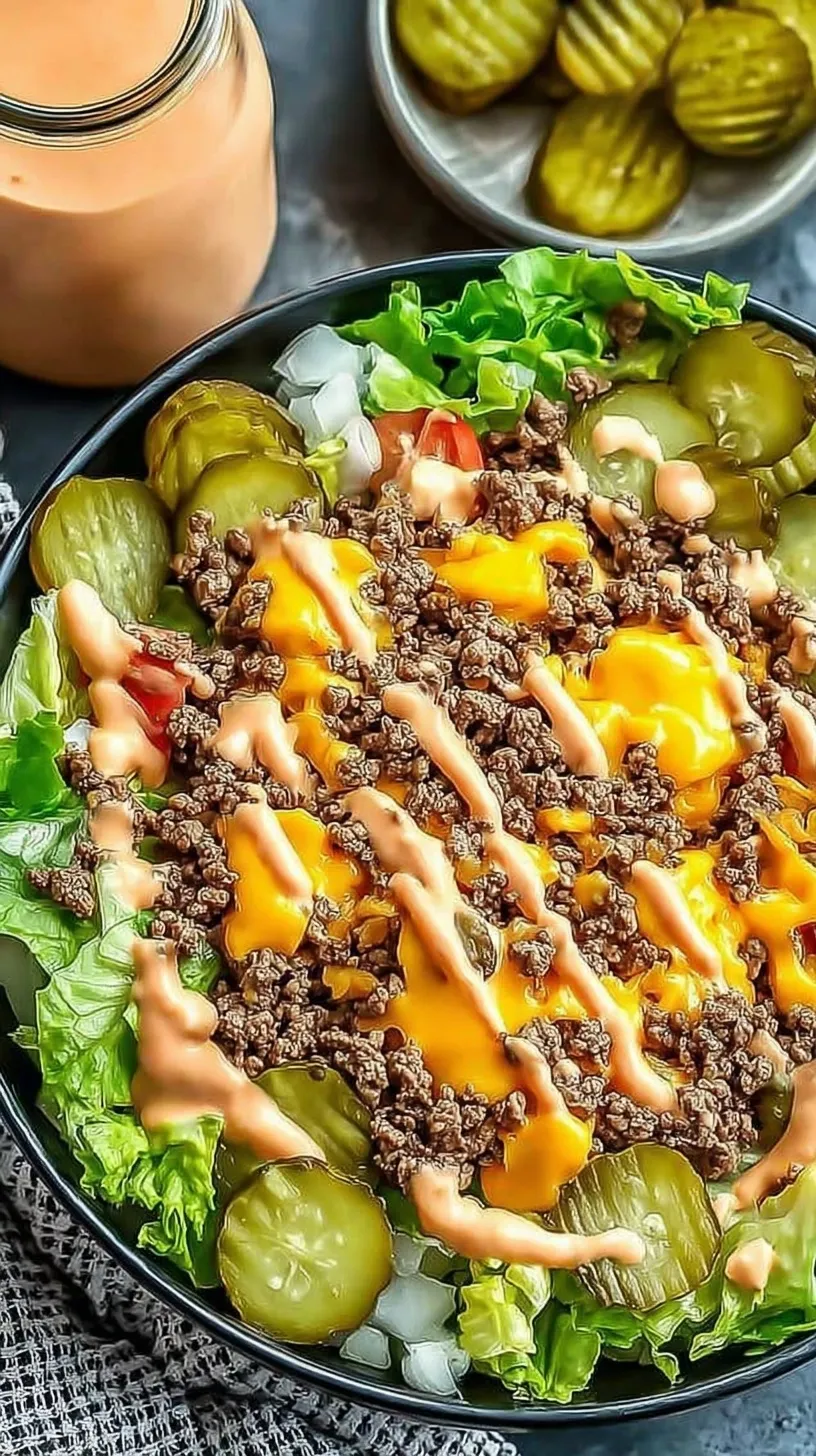 A vibrant High Protein Cheeseburger Bowl with lean beef, melted cheddar, pickles, and creamy sauce.
