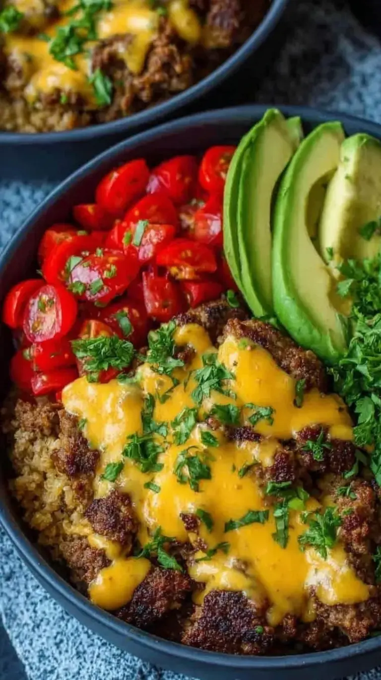 A colorful meal prep bowl with seasoned ground beef, shredded lettuce, cherry tomatoes, pickles, and a creamy orange burger sauce.