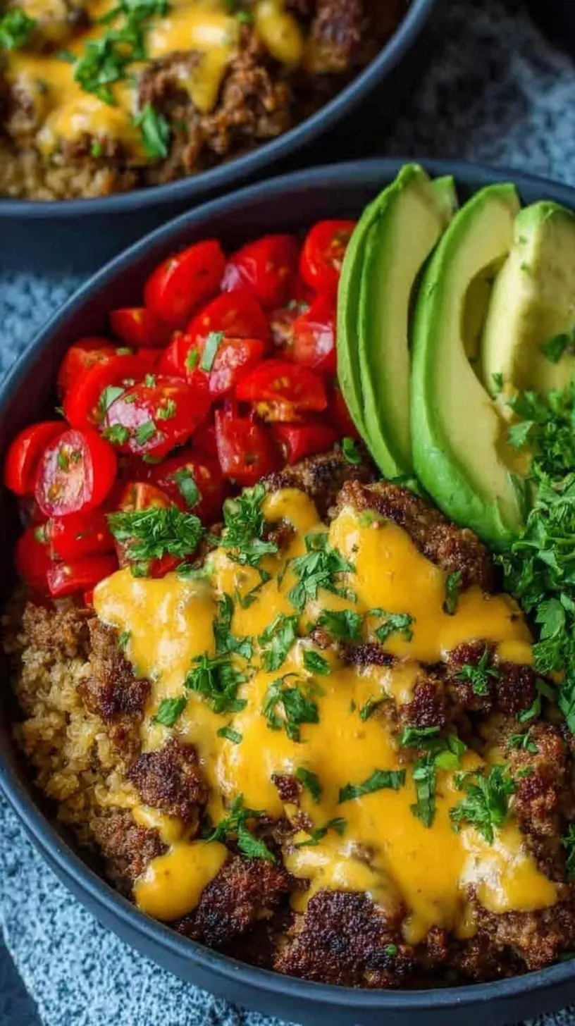 A colorful meal prep bowl with seasoned ground beef, shredded lettuce, cherry tomatoes, pickles, and a creamy orange burger sauce.