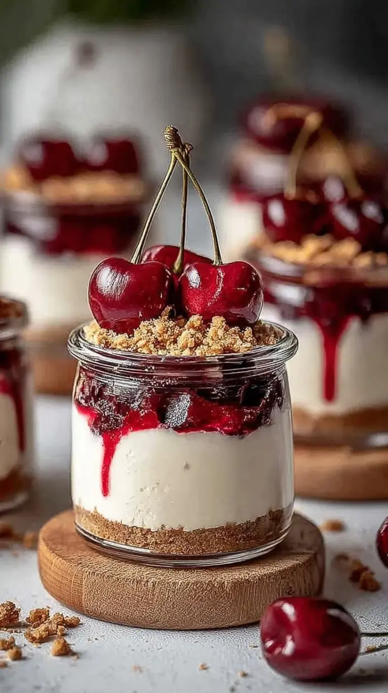 Four glass jars filled with layers of graham cracker crust, creamy cheesecake filling, and bright red cherry compote.