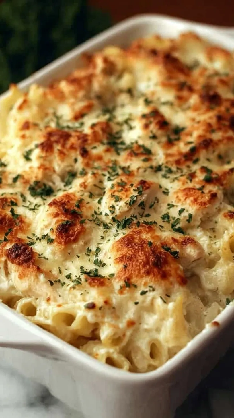 A bubbling dish of high protein chicken alfredo bake with melted cheese and spinach