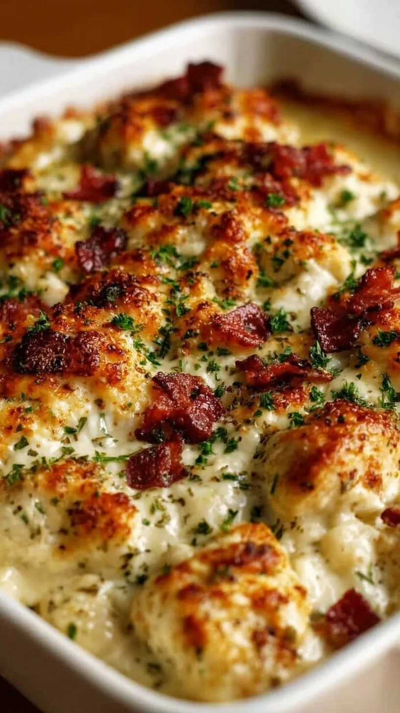A creamy high protein chicken and broccoli bake topped with melted cheddar cheese in a glass baking dish.