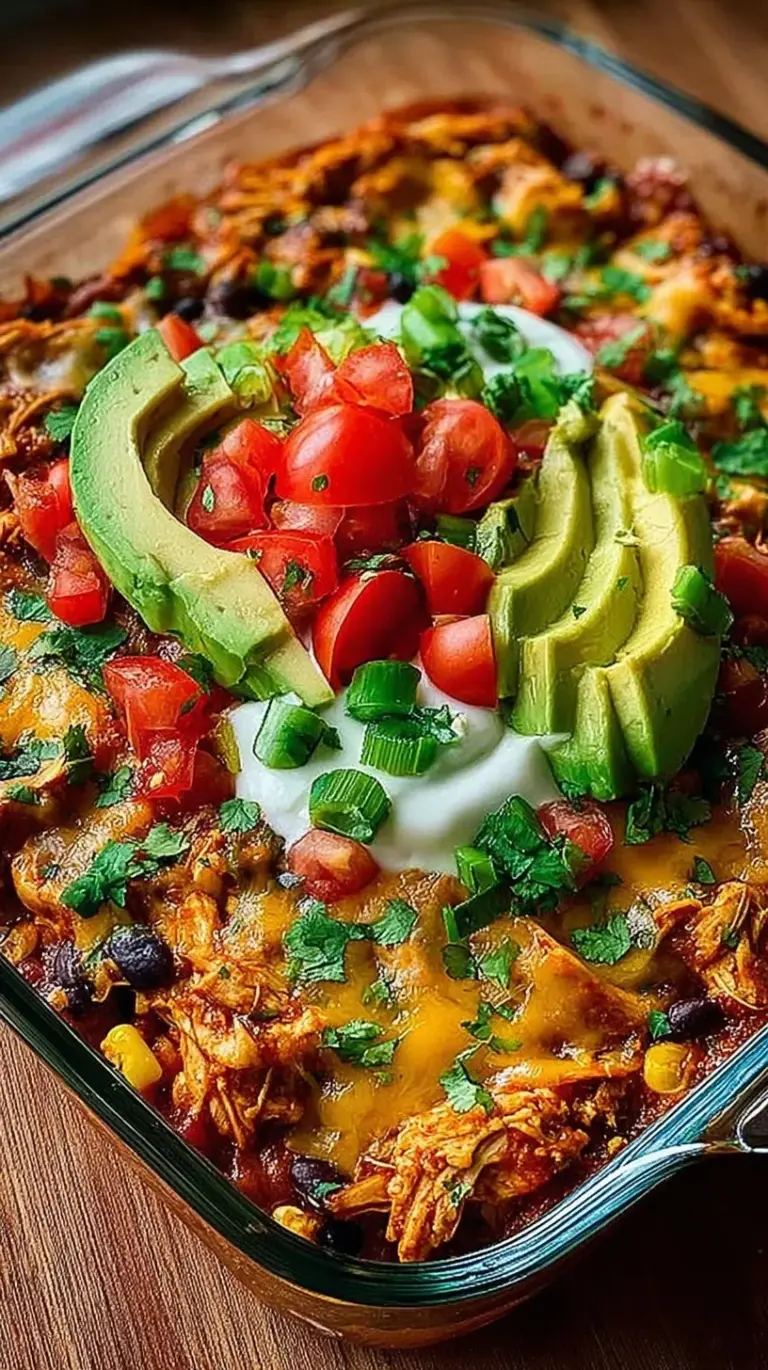 A close up of a creamy chicken enchilada bowl with black beans, corn, and melted cheese on a bed of rice.