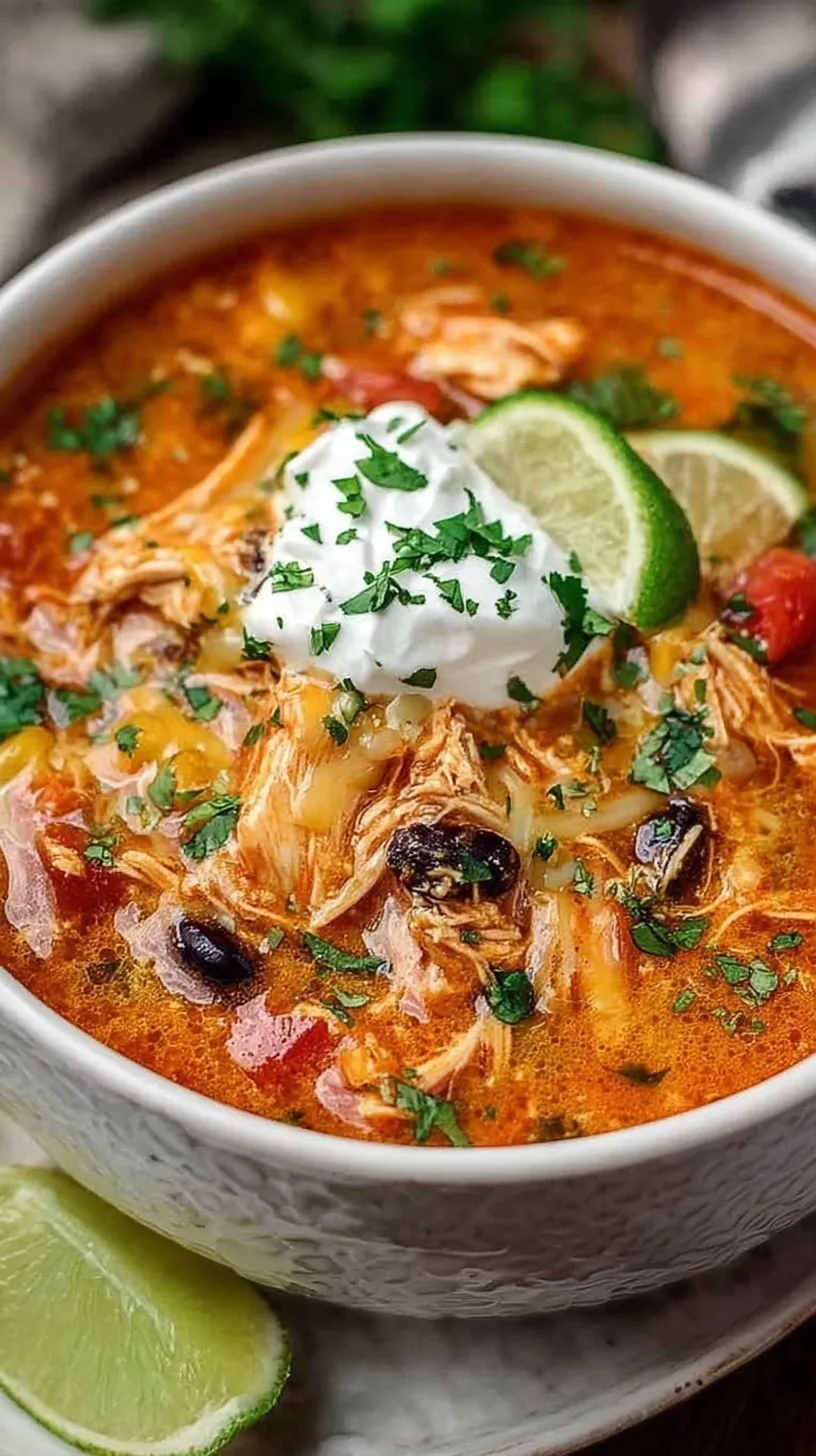 A bowl of creamy red chicken enchilada soup topped with cilantro and corn