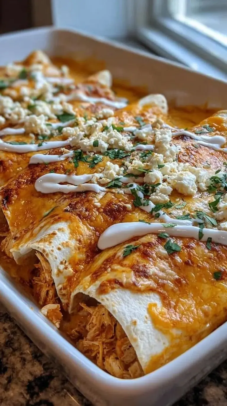 A baking dish of cheesy white sauce chicken enchiladas topped with fresh cilantro