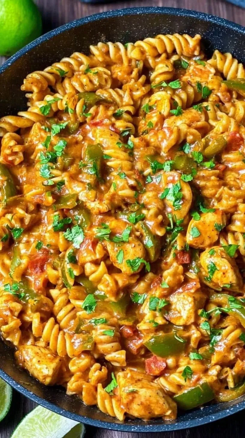 A bowl of creamy chicken fajita pasta with bell peppers, cilantro, and lime wedges