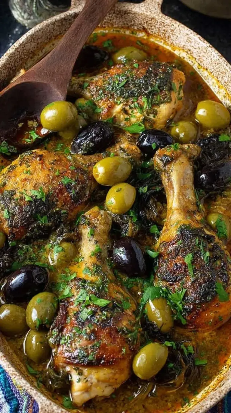 A baking dish filled with roasted High Protein Chicken Marbella featuring olives, prunes, and fresh parsley.