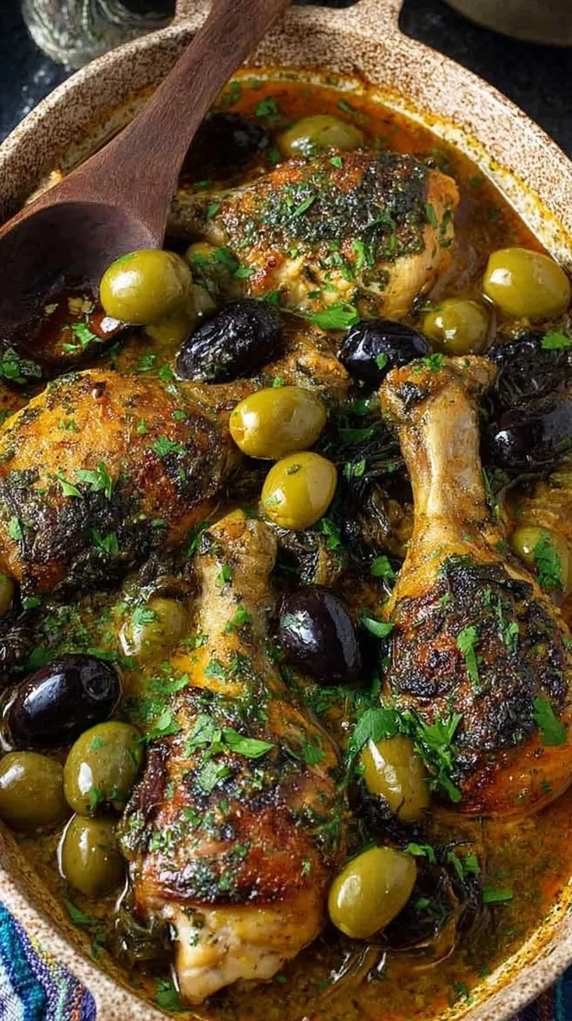 A baking dish filled with roasted High Protein Chicken Marbella featuring olives, prunes, and fresh parsley.