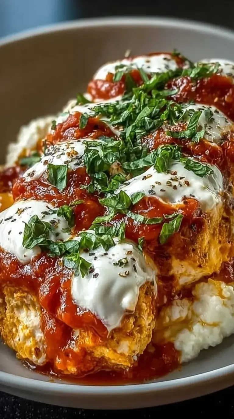 A creamy cottage cheese bowl topped with cubed chicken, marinara sauce, and melted mozzarella cheese.