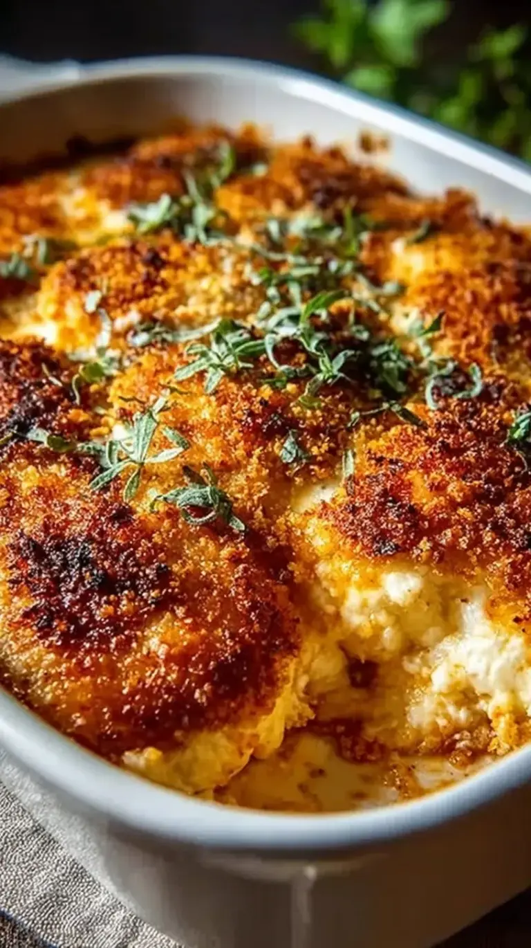 High Protein Chicken Parmesan Casserole in a baking dish with melted mozzarella and fresh basil