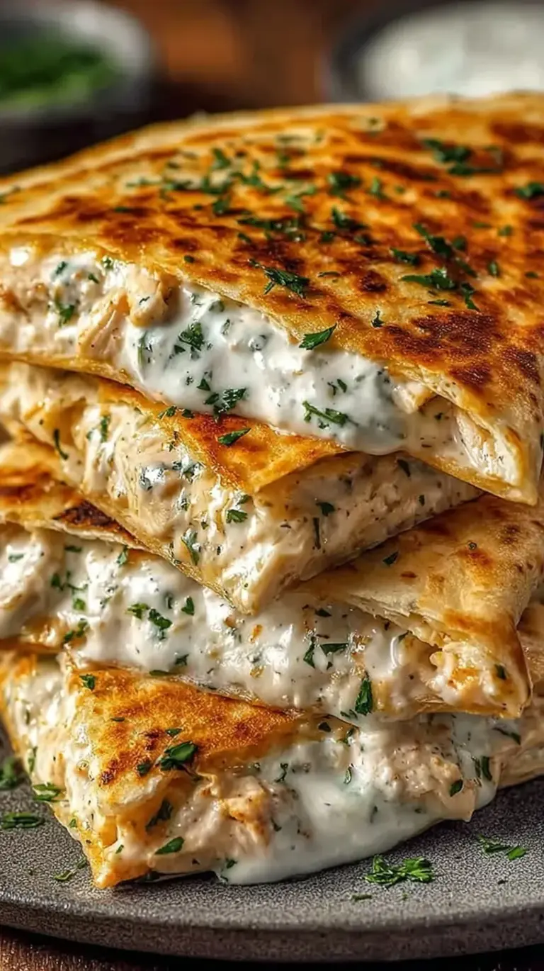 A golden brown, crispy high protein chicken ranch quesadilla sliced into wedges on a plate.