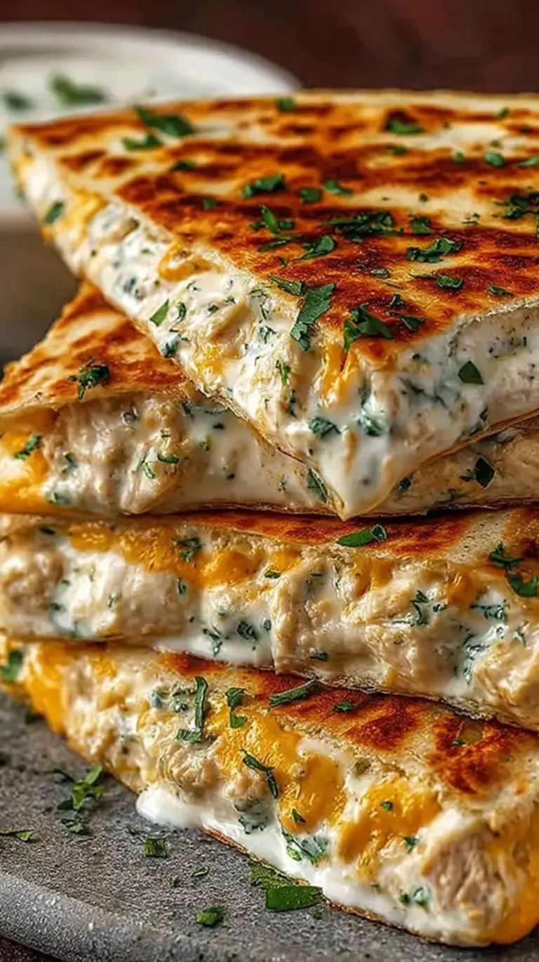 A crispy, golden brown High-Protein Chicken Ranch Quesadilla sliced into triangles on a plate with green onions.