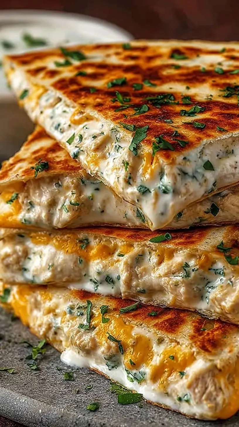 A crispy, golden brown High-Protein Chicken Ranch Quesadilla sliced into triangles on a plate with green onions.