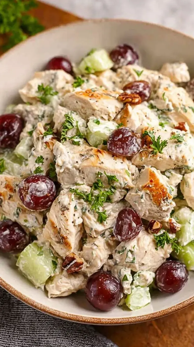 A bowl of creamy high protein chicken salad with fresh dill and celery