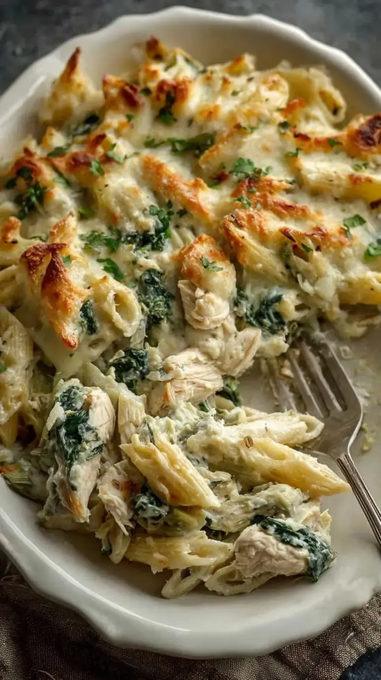 A bubbling high protein chicken spinach artichoke pasta bake in a ceramic dish with melted cheese on top.
