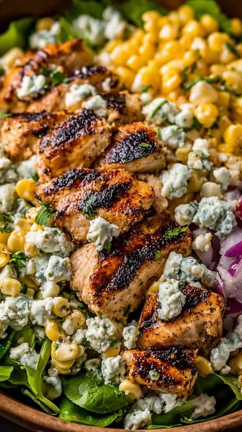 A vibrant bowl of chicken street corn salad with charred corn, cotija cheese, and fresh cilantro.