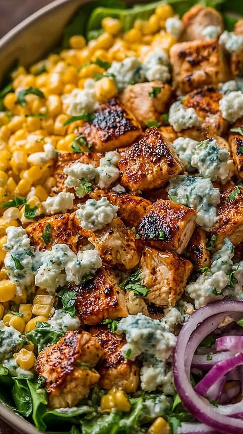 A bowl of High Protein Chicken Street Corn Salad with charred corn, diced chicken, and cotija cheese