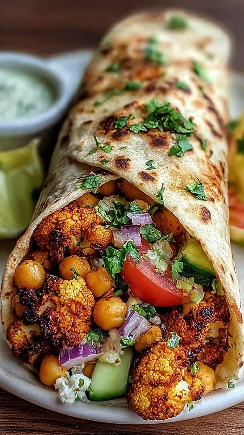 A vibrant high protein chili lime chickpea cauliflower wrap with purple cabbage and creamy yogurt sauce on a white plate.