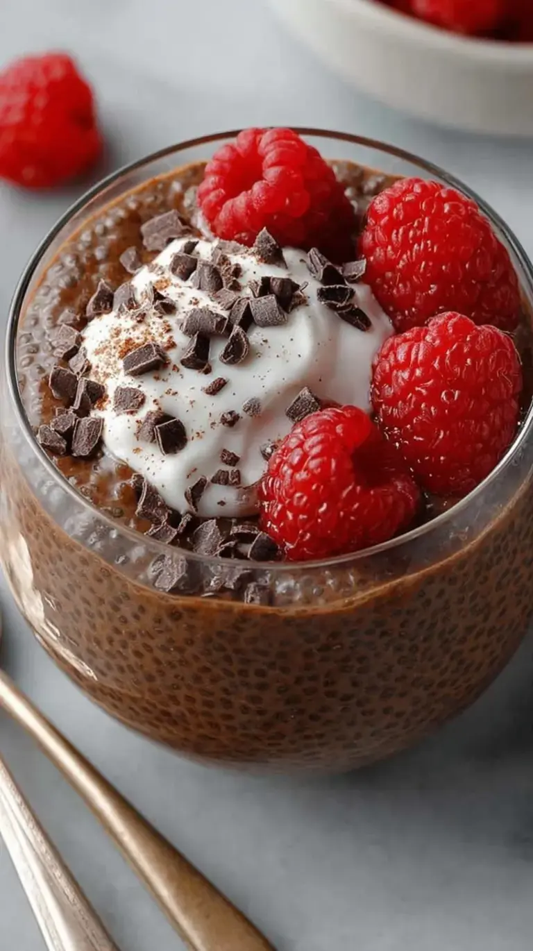 Creamy high protein chocolate chia pudding in a glass jar topped with fresh berries