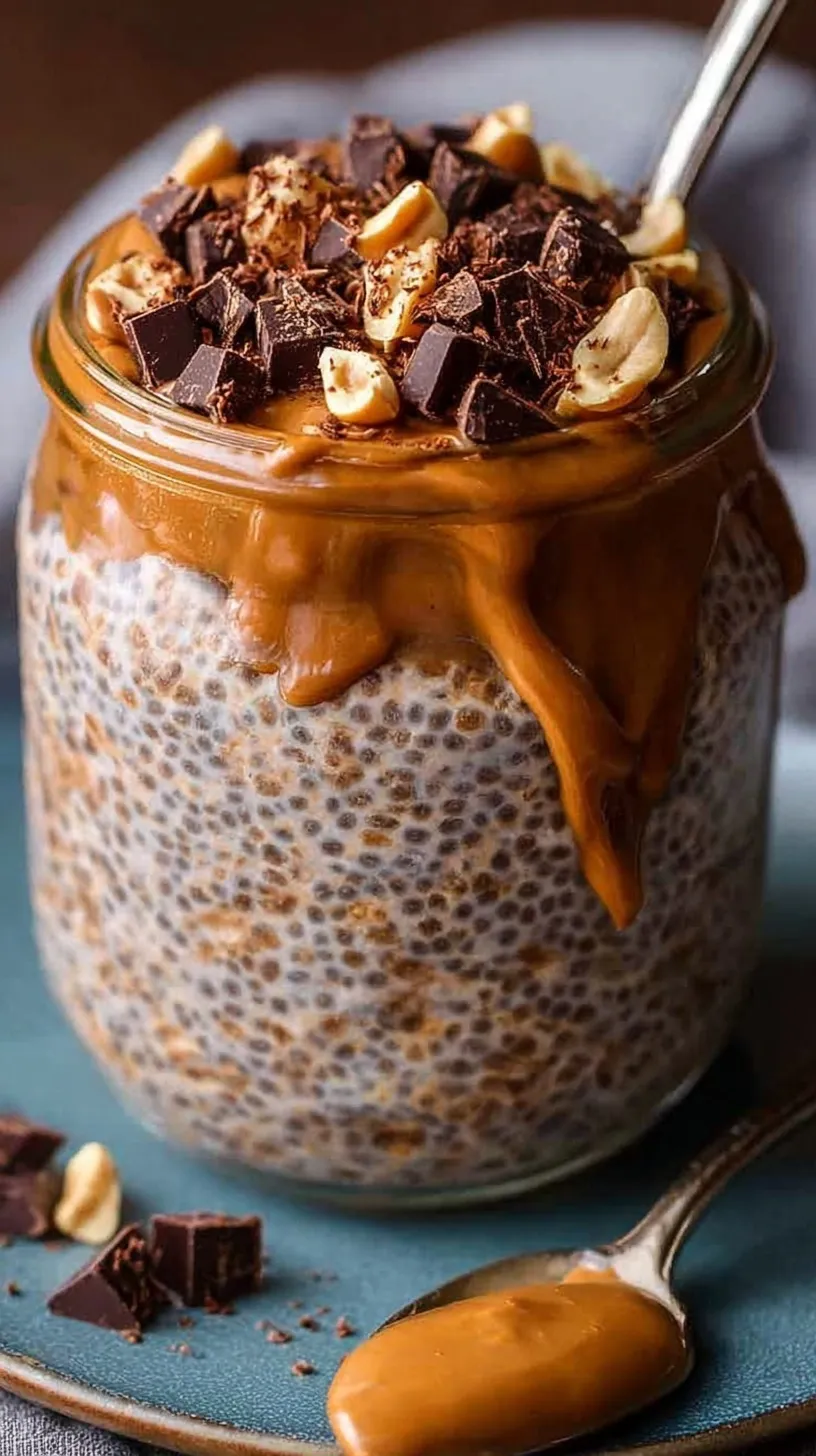 A glass jar filled with creamy chocolate peanut butter overnight oats topped with a dollop of peanut butter.