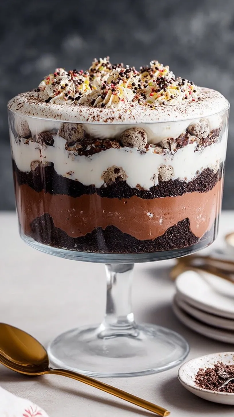 Layered chocolate trifle in glass jars with whipped topping and chocolate chips