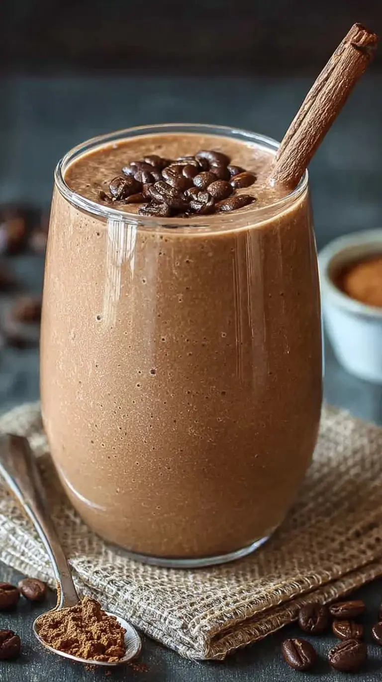 A creamy high protein coffee smoothie in a tall glass with a sprinkle of cinnamon on top
