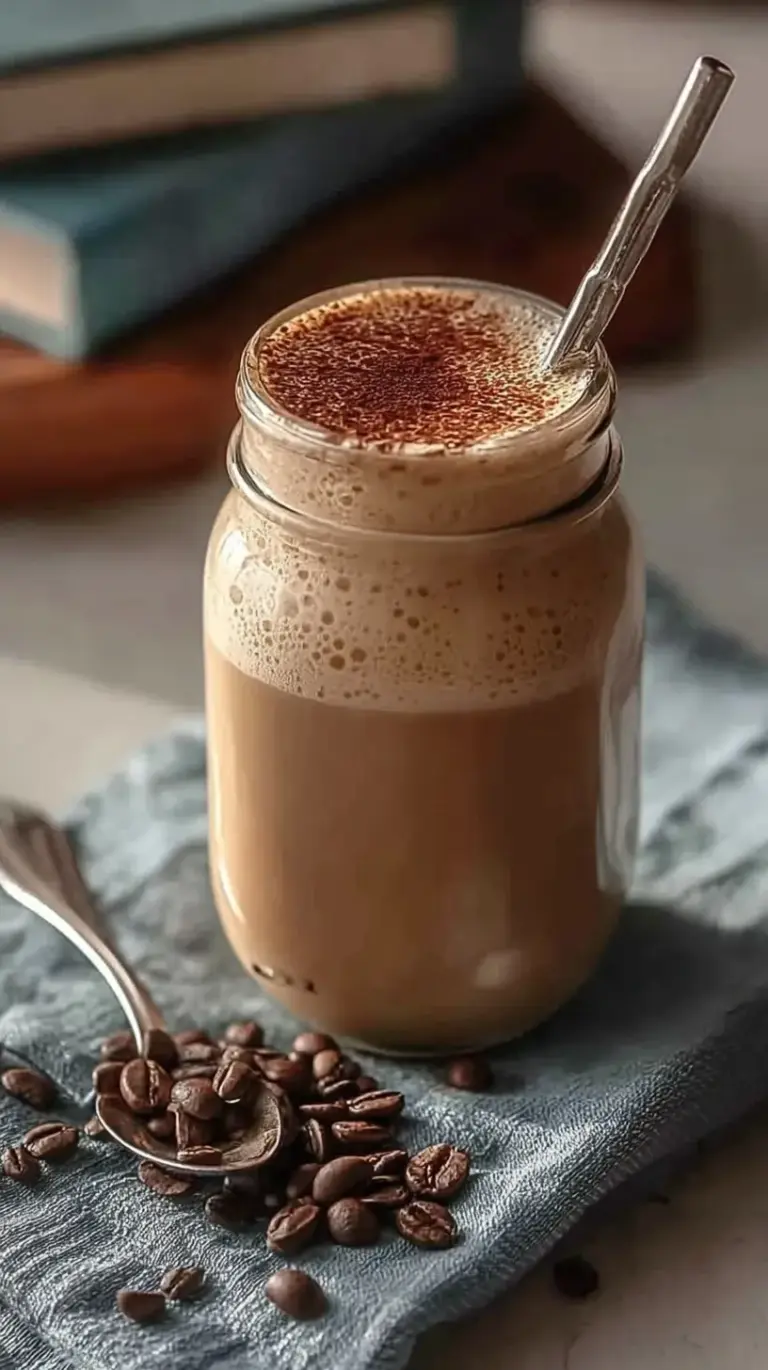 A creamy High Protein Coffee Smoothie in a glass with a straw on a bright kitchen counter.