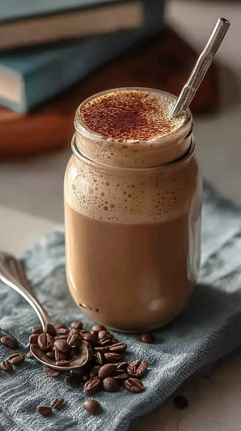 A creamy High Protein Coffee Smoothie in a glass with a straw on a bright kitchen counter.