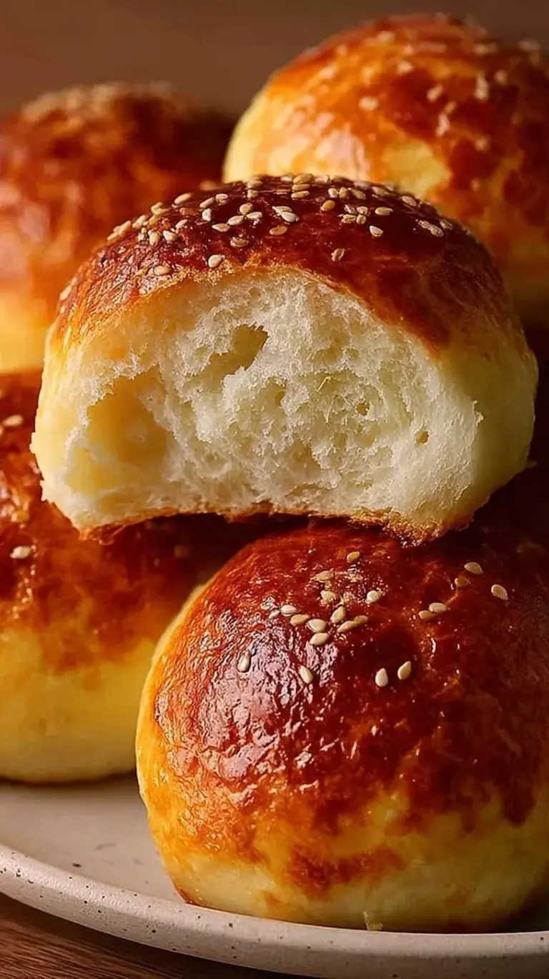 A golden brown cottage cheese burger bun topped with sesame seeds on a wire rack.
