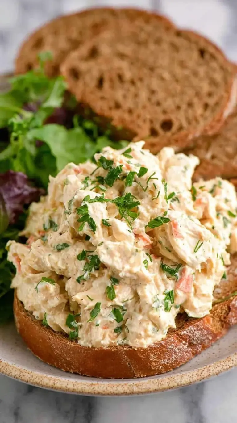 Creamy high-protein chicken salad with celery and chives in a white bowl