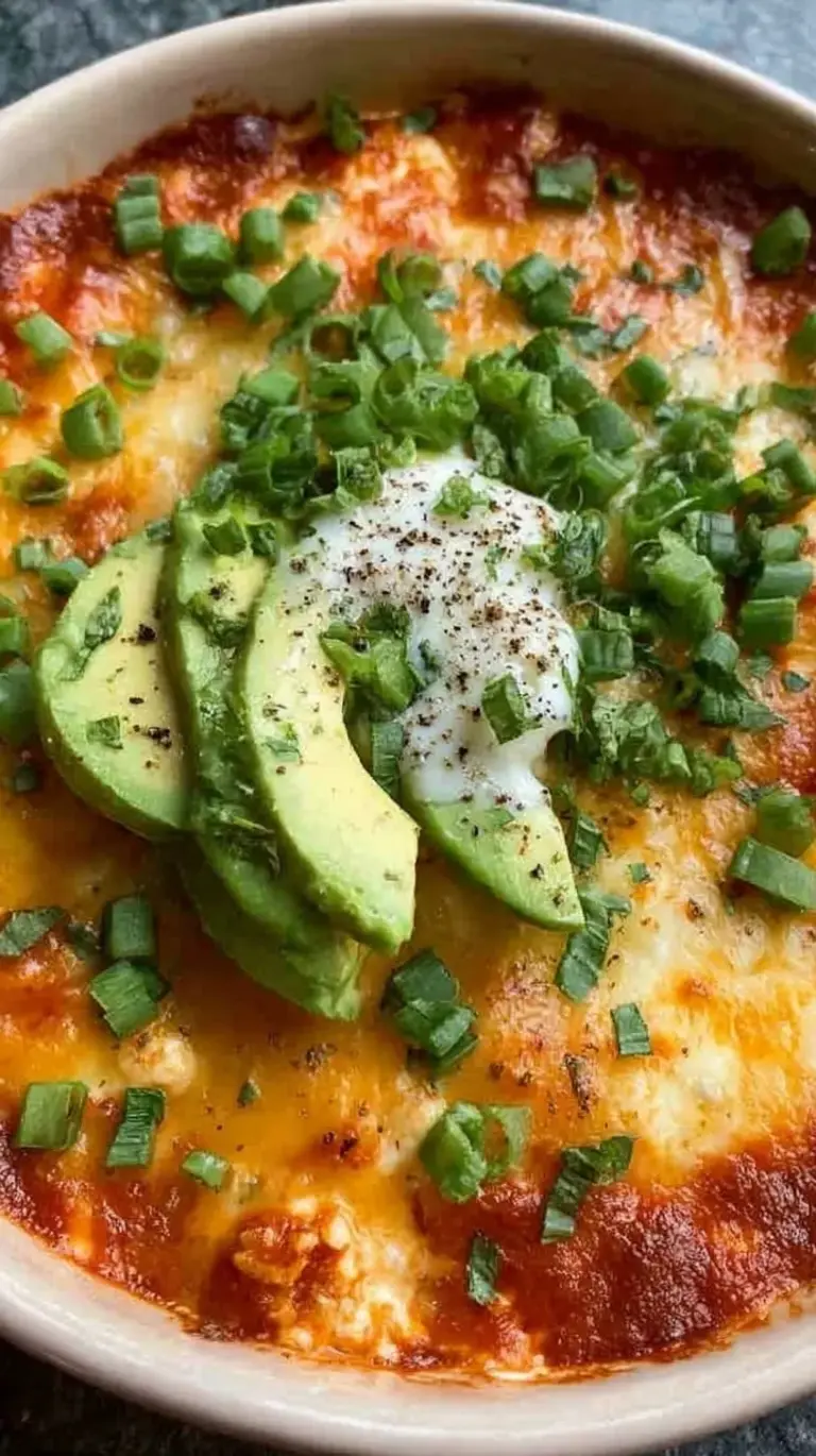 A vibrant bowl of shredded chicken and black beans covered in a creamy red enchilada sauce made from cottage cheese, topped with cilantro and lime.