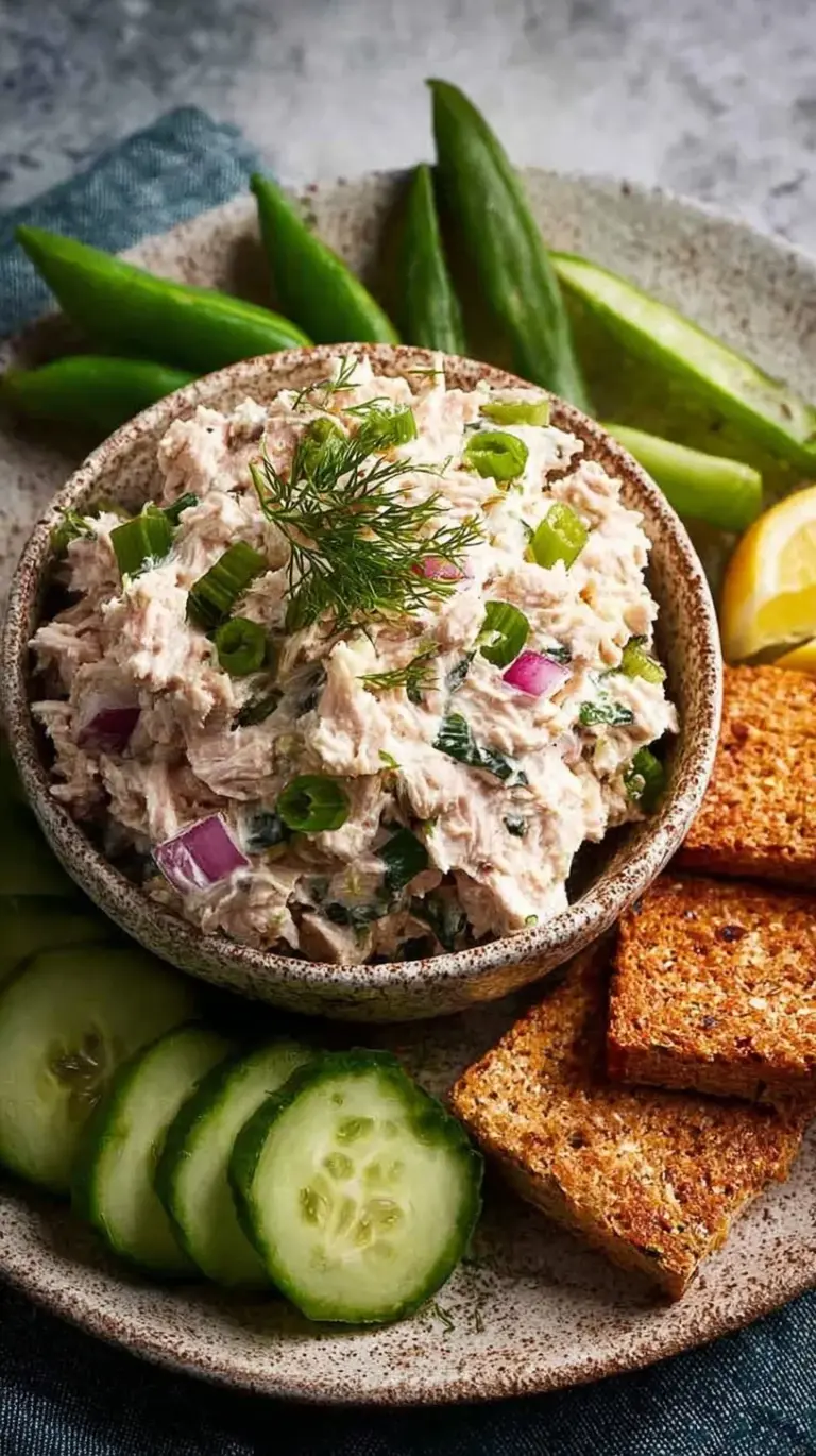 A bowl of creamy cottage cheese tuna salad with fresh dill and celery on a white plate.