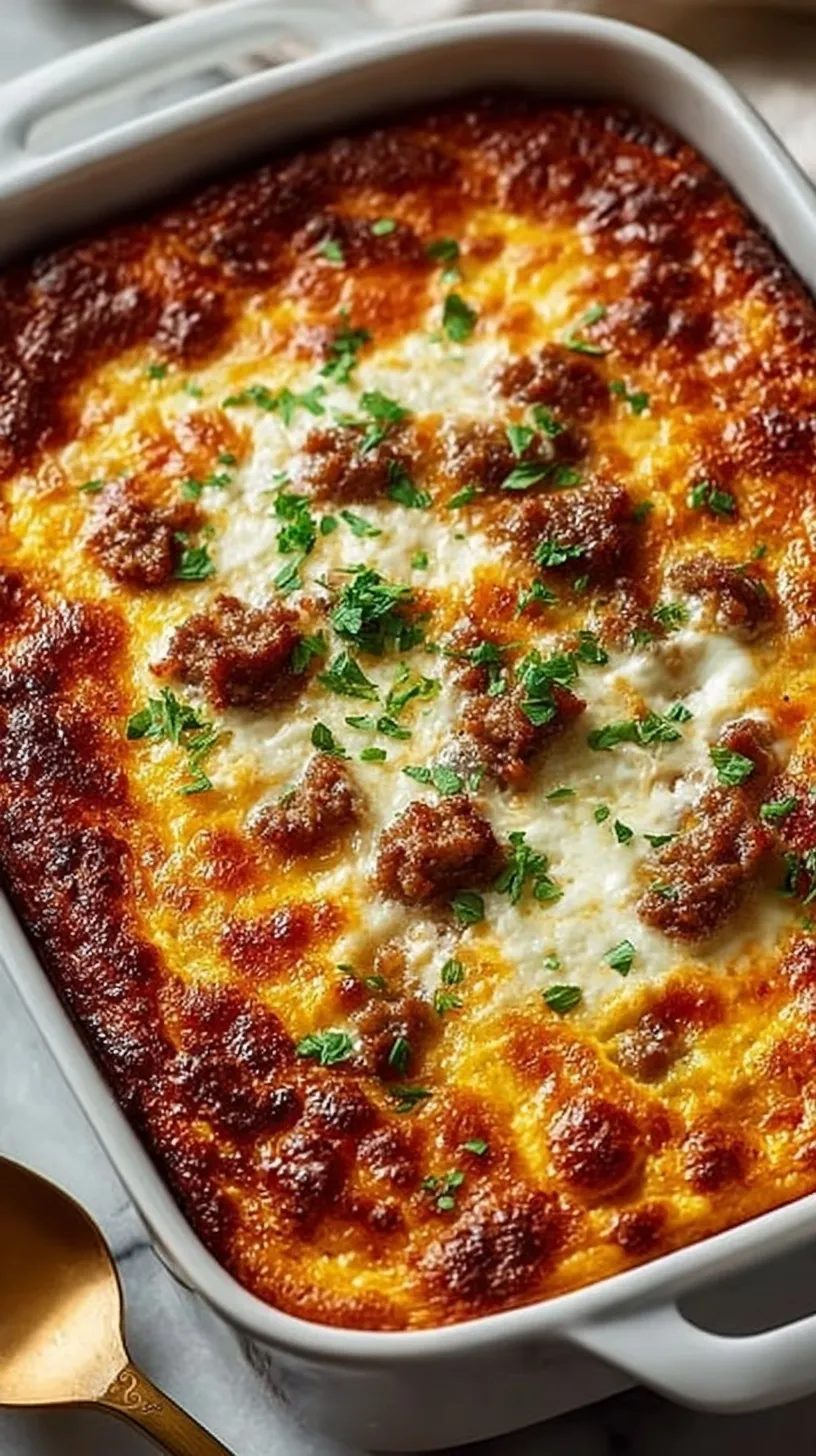 A golden brown breakfast casserole with melted cheese, turkey sausage, and vibrant red peppers in a white baking dish.
