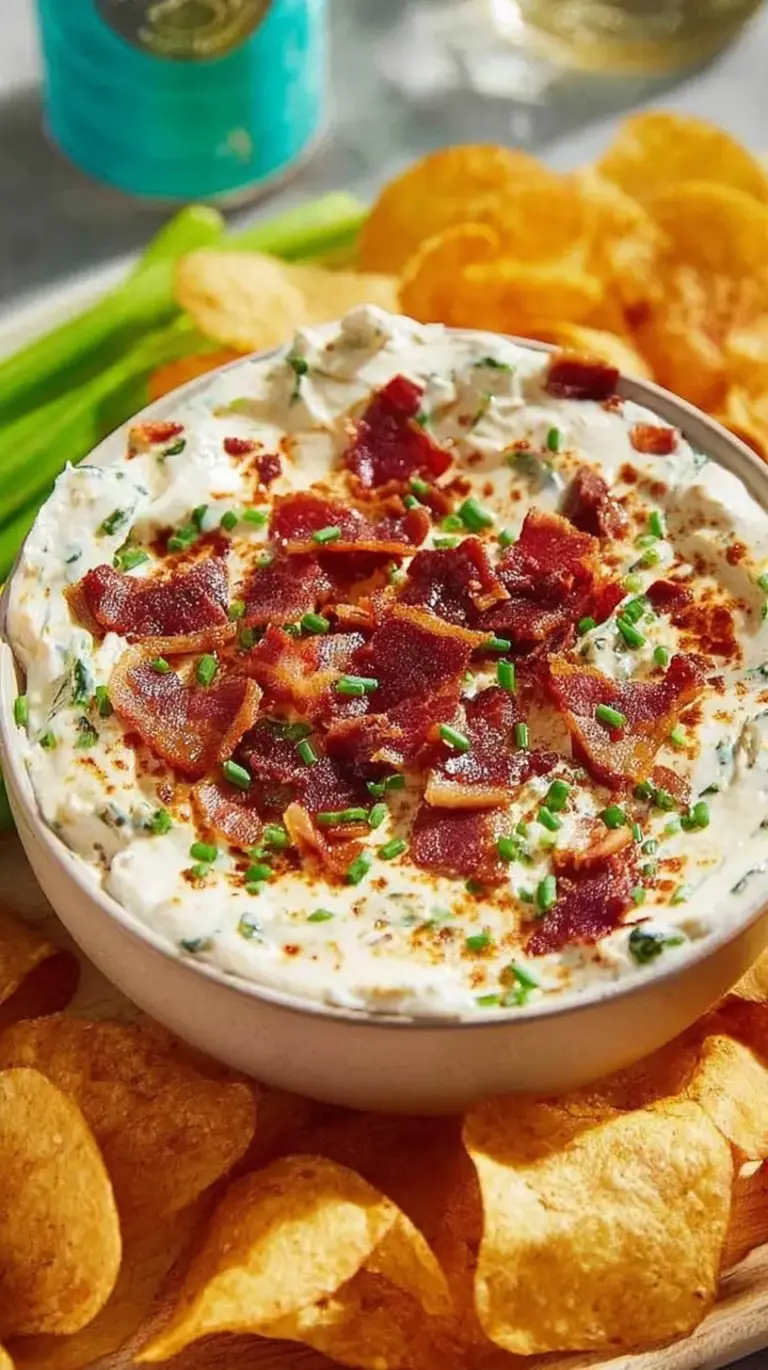 A creamy bowl of High Protein Crack Dip topped with bacon and green onions