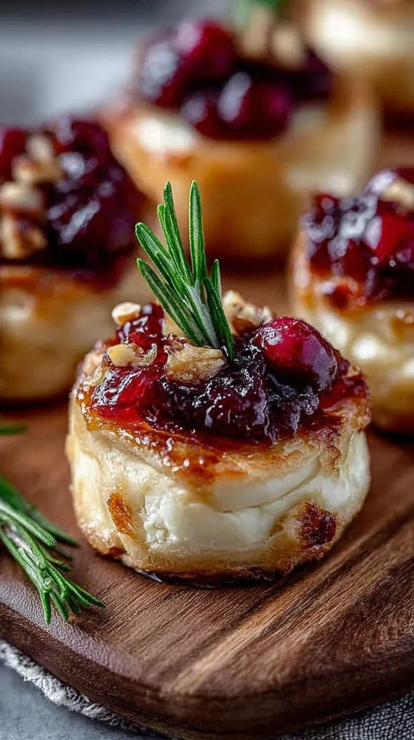 Golden brown cranberry brie bites in a muffin tin topped with fresh rosemary