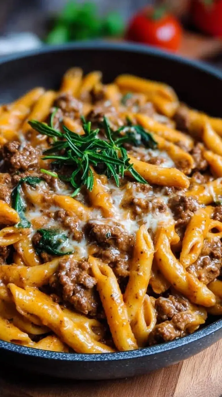 A bowl of creamy beef pasta with spinach and high-protein penne