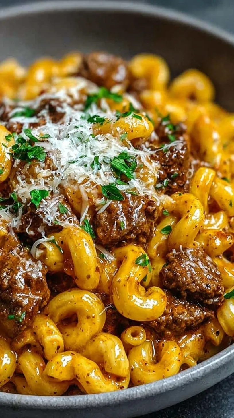 A bowl of creamy beef pasta with spinach and parmesan cheese