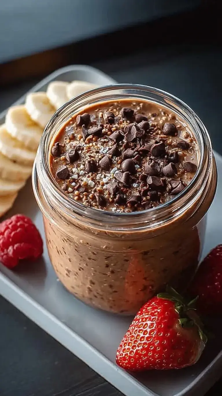 A close up of creamy chocolate brownie batter overnight oats in a glass jar topped with chocolate chips.