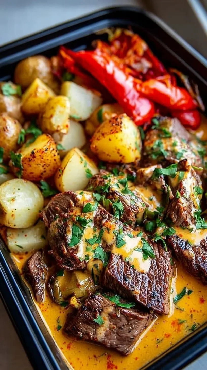 Seared flank steak and crispy roasted gold potatoes in meal prep containers with creamy chipotle sauce