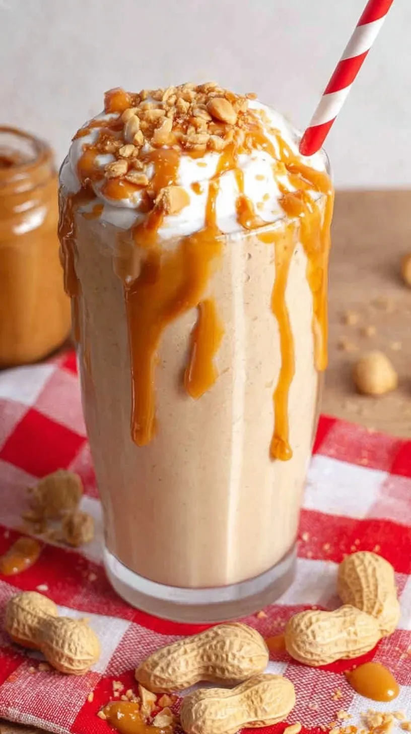 A thick and velvety peanut butter smoothie in a tall glass topped with chia seeds.