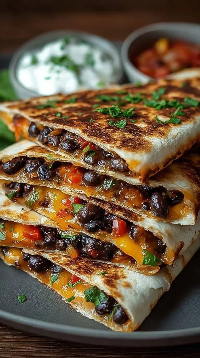 Crispy golden brown black bean quesadillas sliced into wedges on a serving board