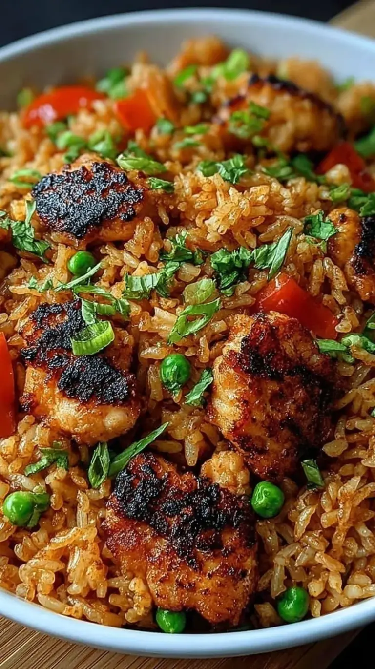 A bowl of crispy garlic chicken fried rice garnished with green onions and sesame seeds