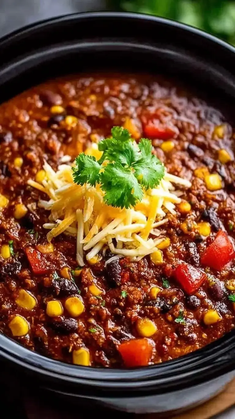 A bowl of hearty lentil taco chili topped with avocado and fresh cilantro