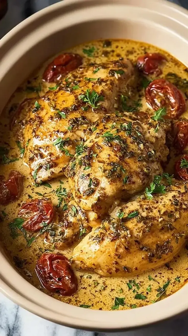 Creamy slow cooker chicken with sun-dried tomatoes and spinach in a white bowl