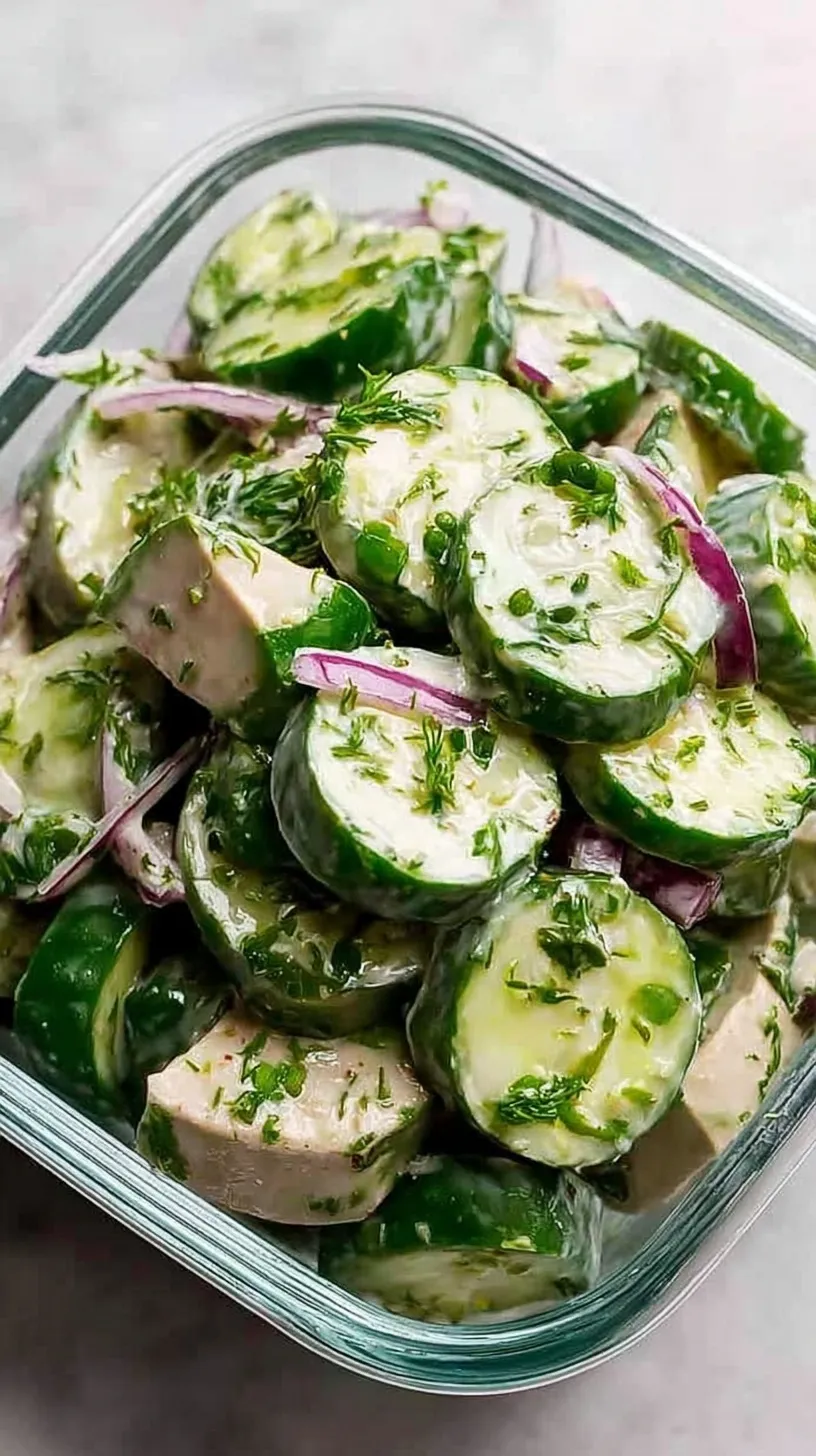 A bowl of creamy cucumber salad with chickpeas and fresh dill.