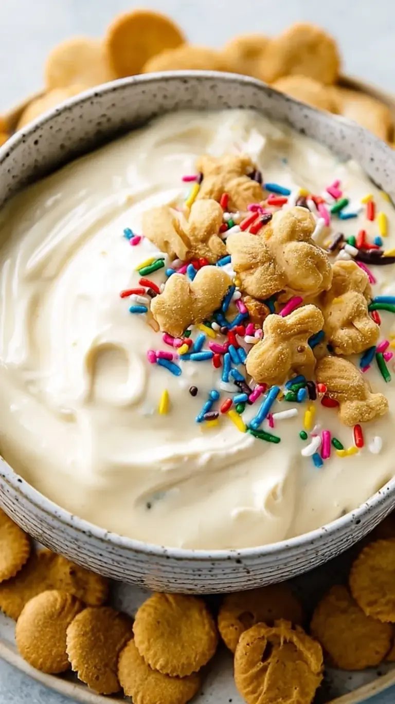 Creamy High Protein Dunkaroo Dip in a bowl topped with rainbow sprinkles and served with animal crackers.