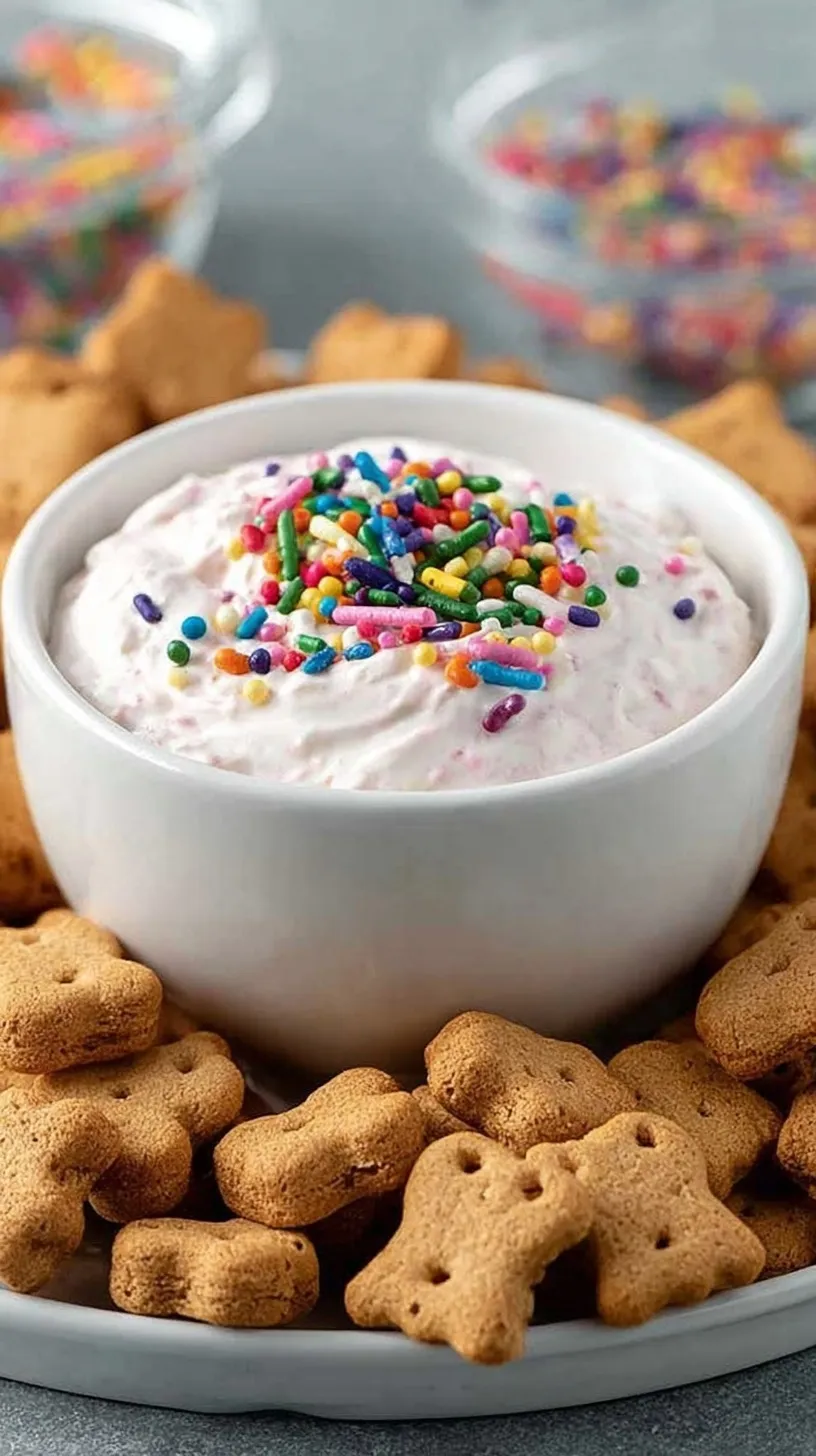 Creamy High Protein Dunkaroo Dip in a white bowl with rainbow sprinkles and graham crackers.