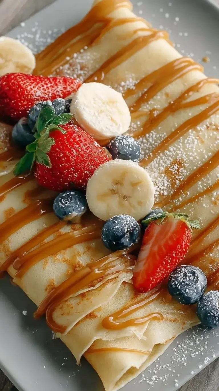 A stack of thin, golden-brown high protein egg white crepes served with fresh berries.