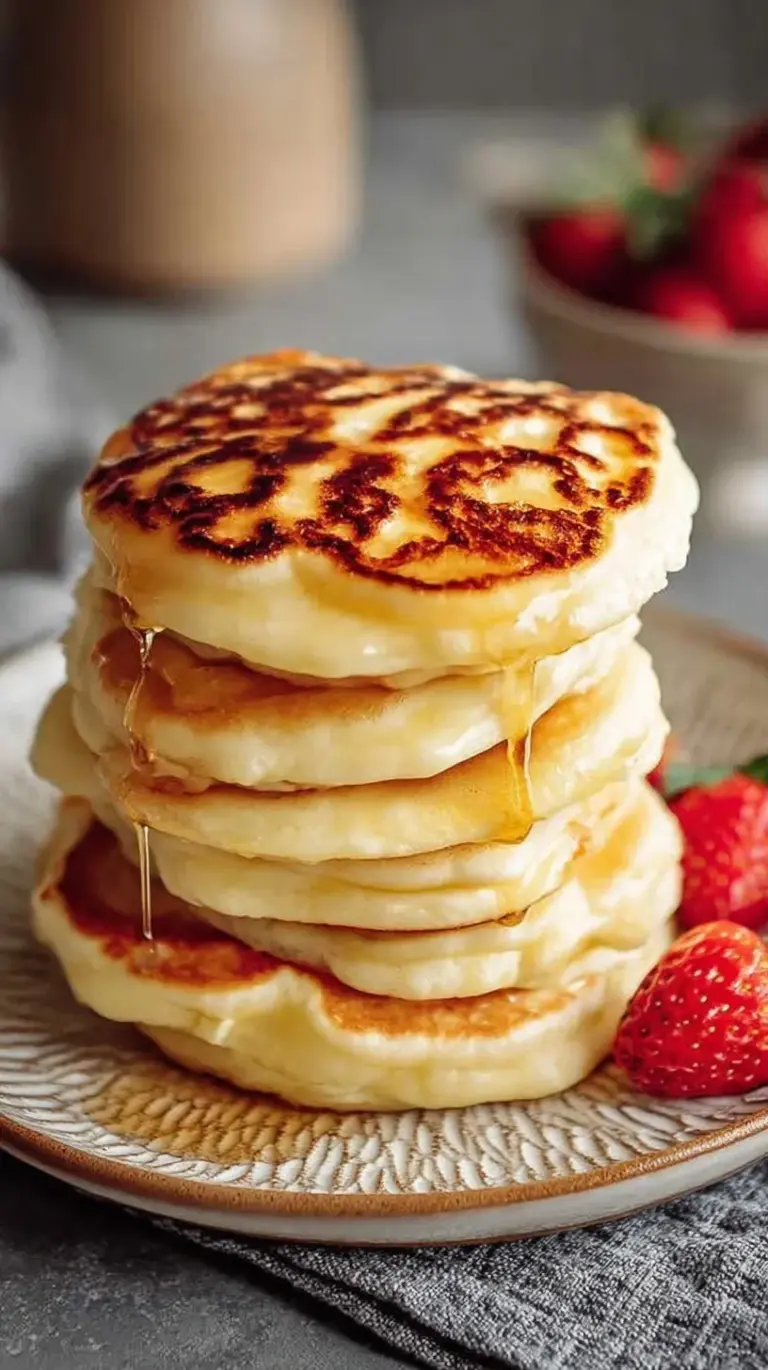 Stack of high-protein fluffy pancakes with berries